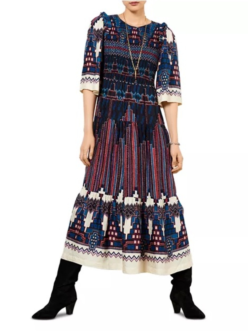 ba&sh Printed Maxi Dress in Navy, Cream & Pink